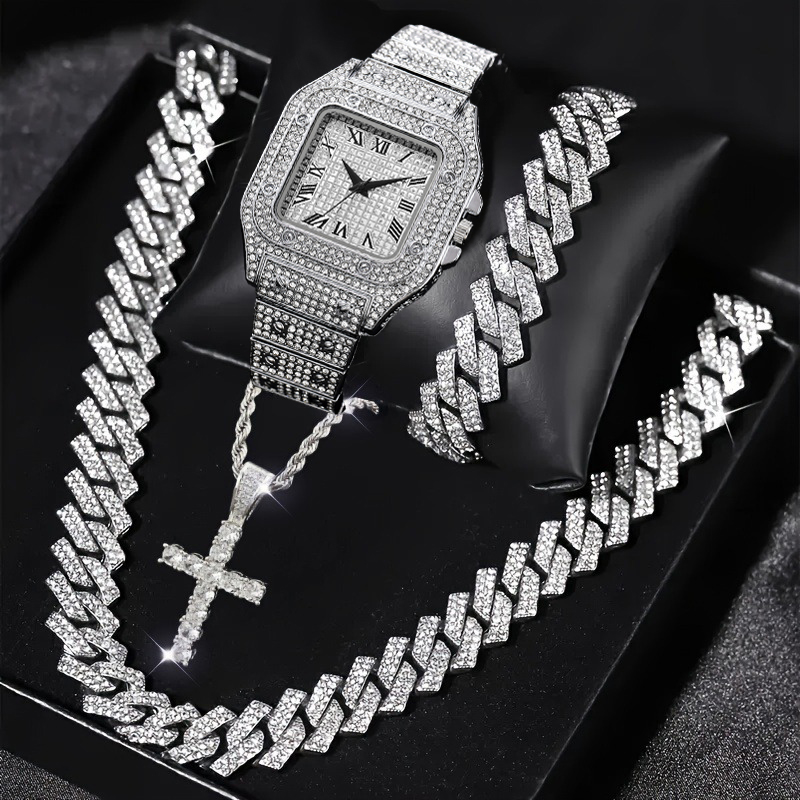 4PCS Fashion Iced Out Square M - огляд і ціна Jewelry Watches For Men